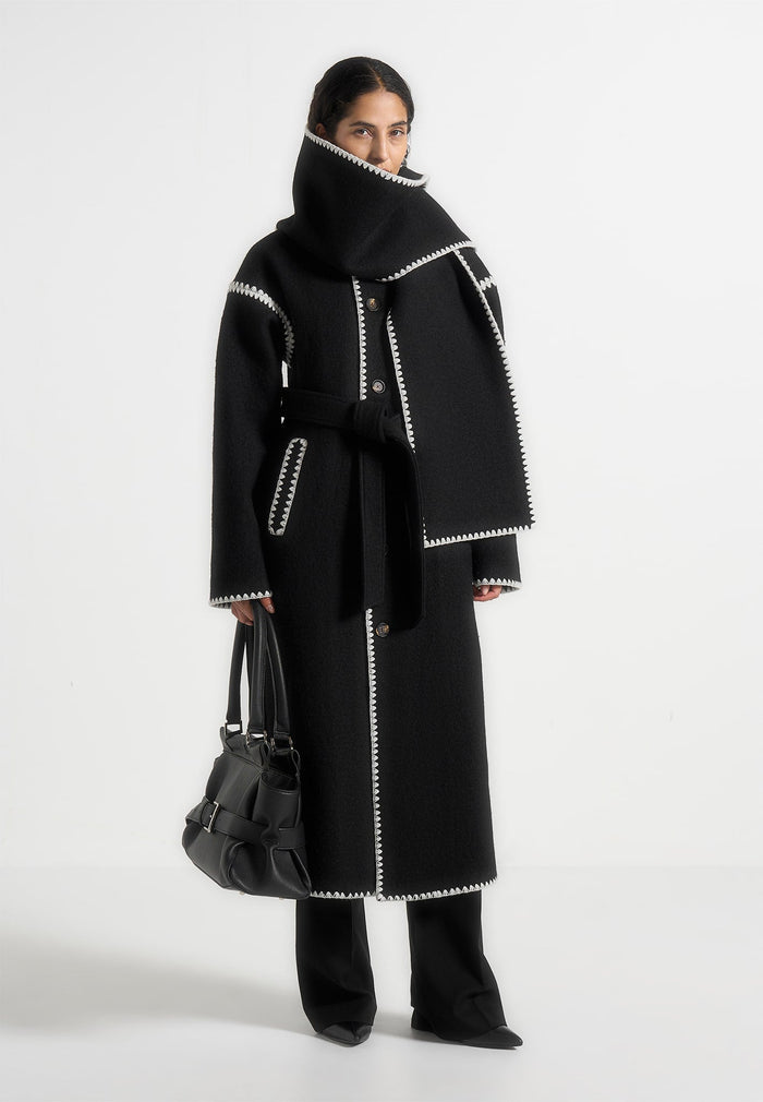 Wool Blanket Stitch Belted Longline Coat