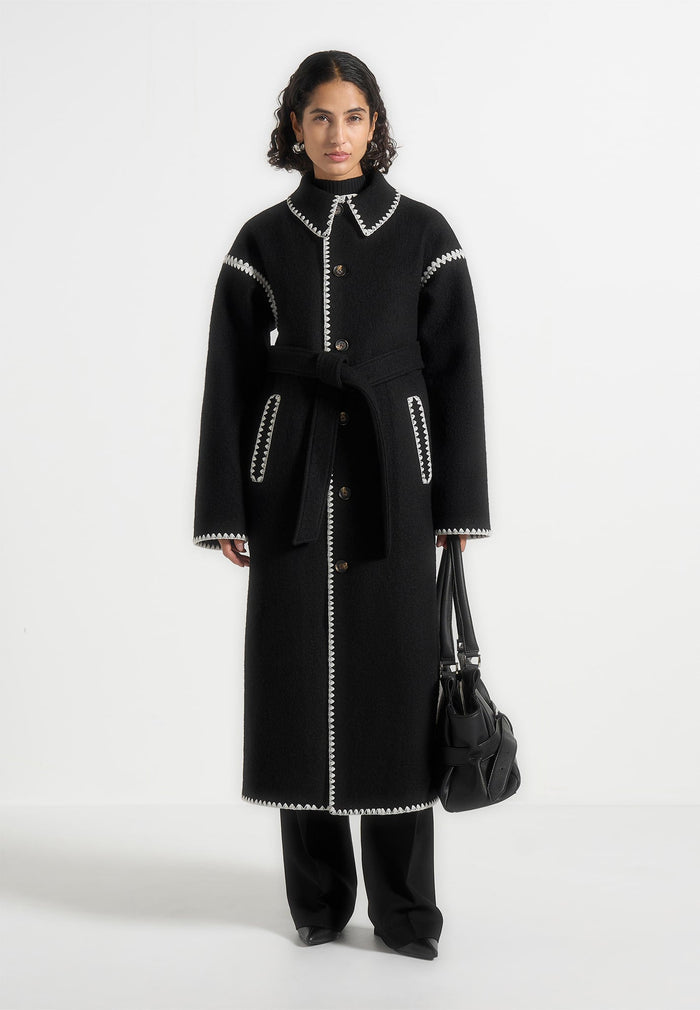 Wool Blanket Stitch Belted Longline Coat