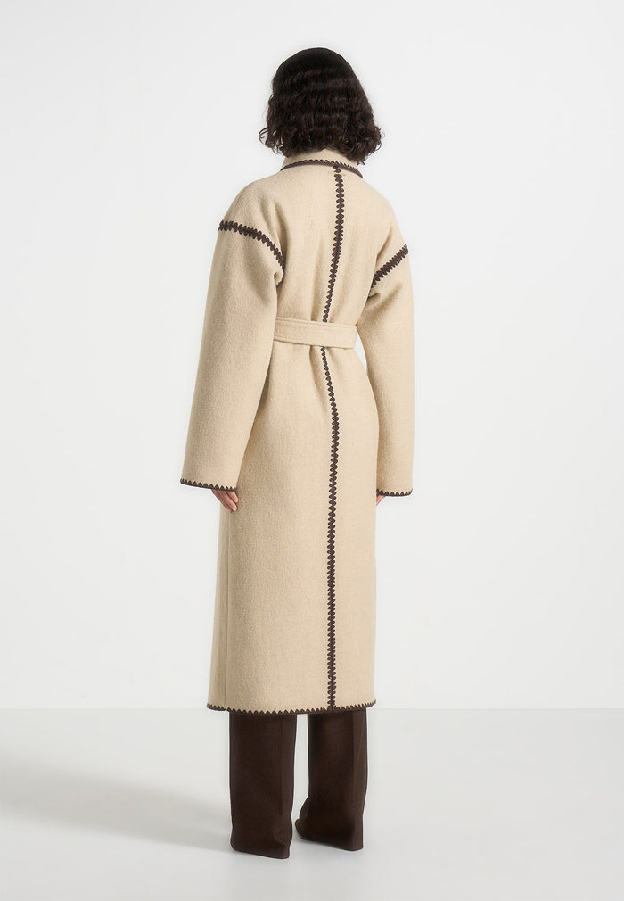Wool Blanket Stitch Belted Longline Coat
