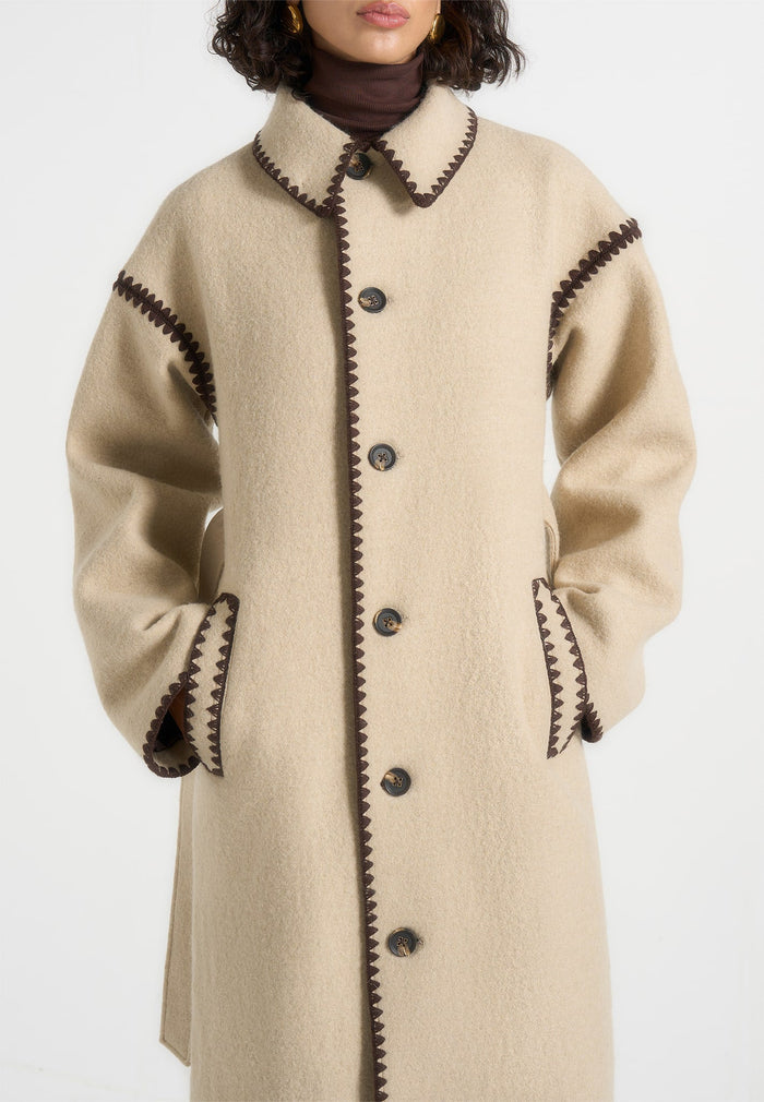 Wool Blanket Stitch Belted Longline Coat