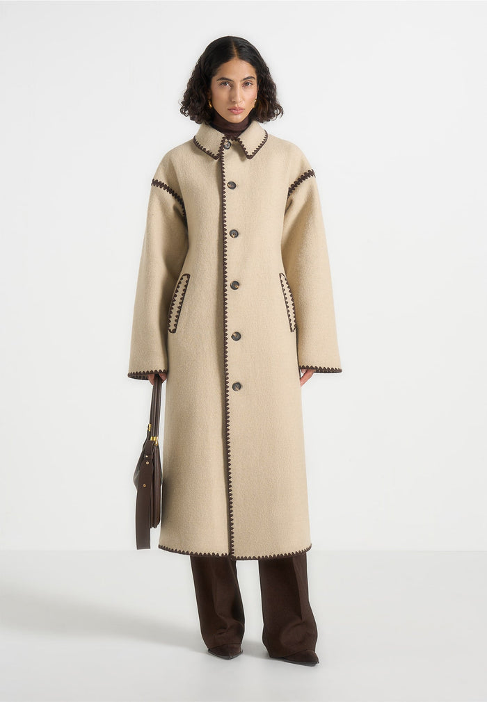 Wool Blanket Stitch Belted Longline Coat
