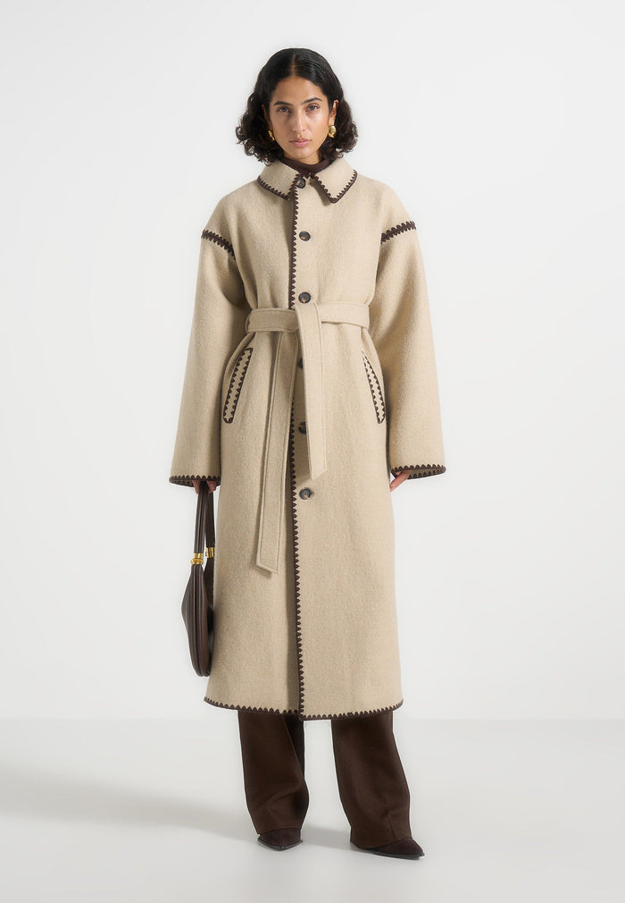 Wool Blanket Stitch Belted Longline Coat
